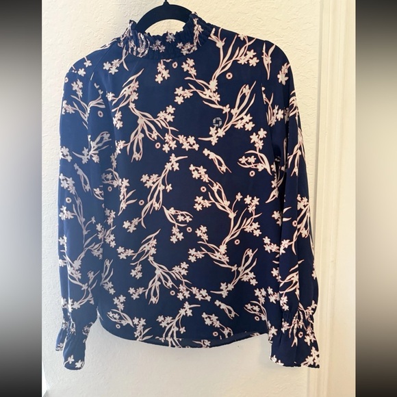 Lands' End Navy with Pink Floral Design Chase Blouse - Picture 1 of 4